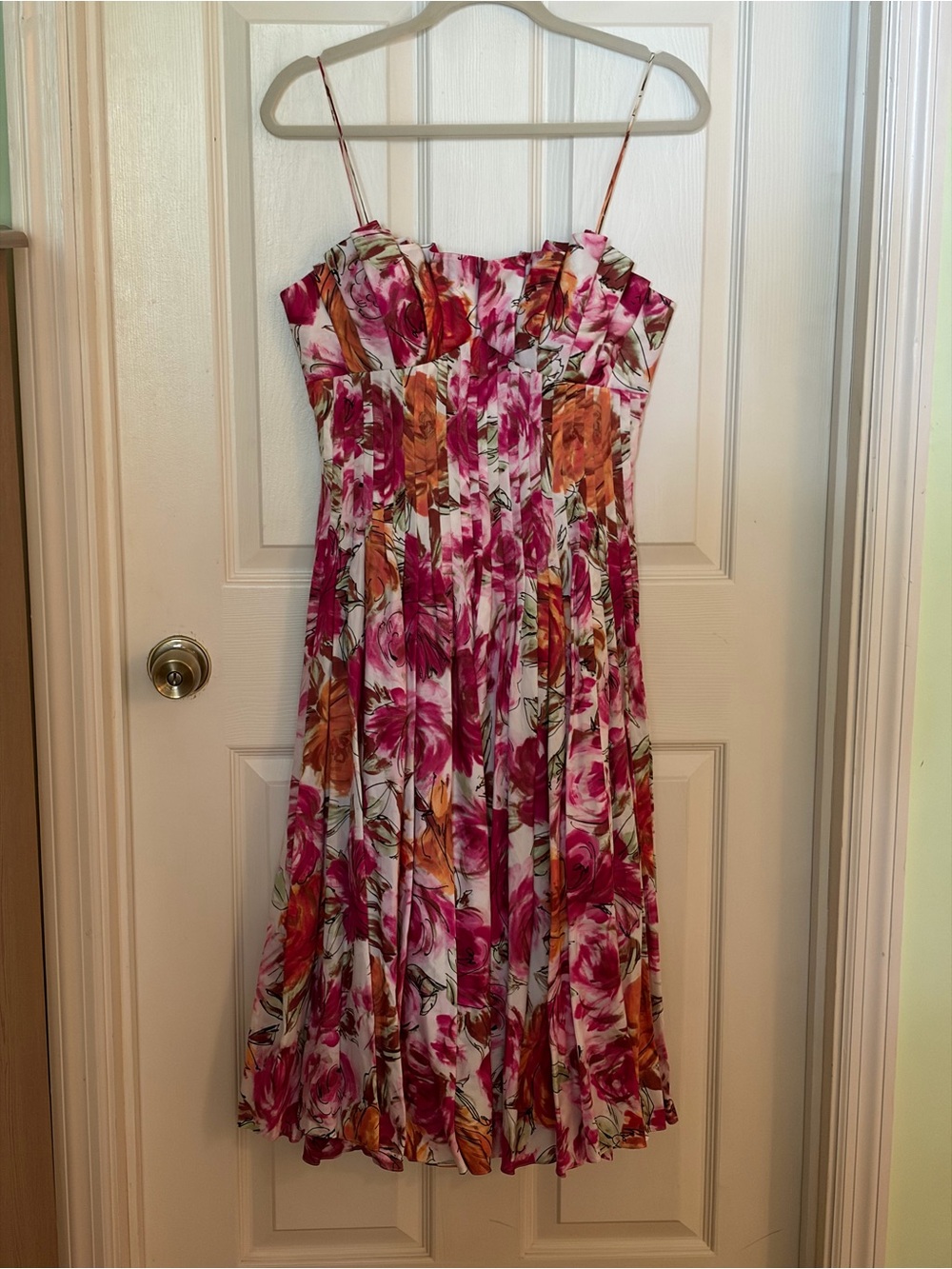 Teri Jon White Floral Midi Dress with Pink and Orange Roses